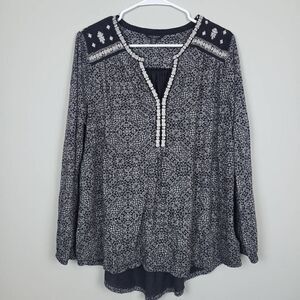Lucky Brand Womens Embroidered Balloon Sleeve Top Size 1X Black Boho Gypsy Indie